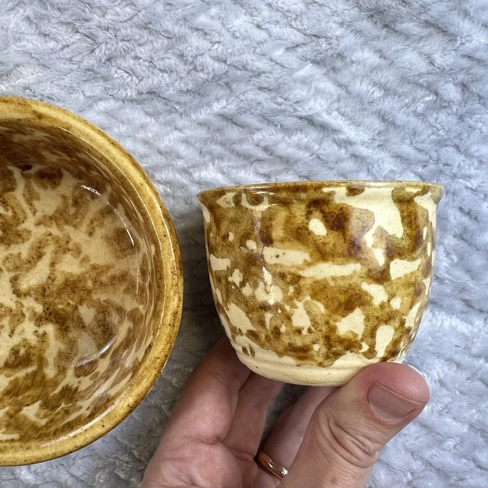 Vintage Yellowware Spongeware Bowl & Cup Set Brown Spatter Glaze 556
